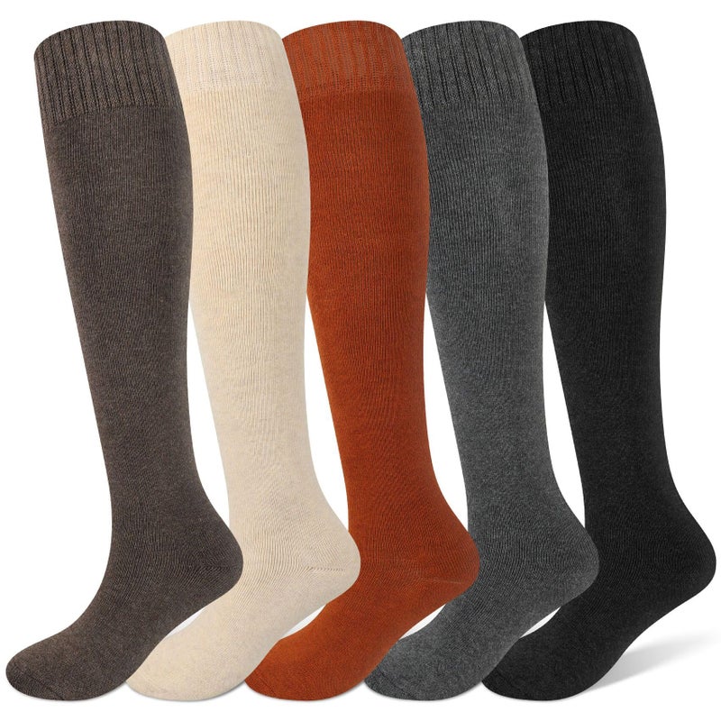 Justay 5 Pairs Winter Knee High Socks Warm Tall Boot, Soft Knit Thermal Cotton Long Socks for Women Gifts - Image 1