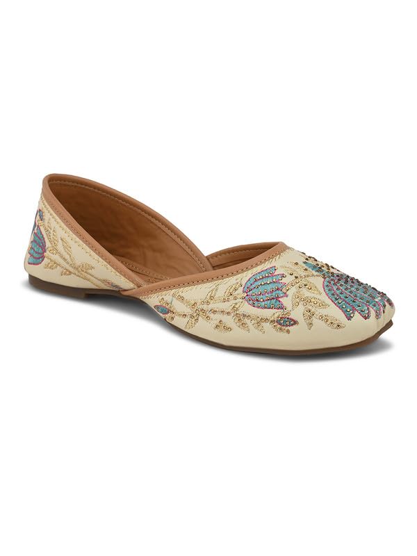 XE Looks Women's Cream Women’s Punjabi Jutti | Handcrafted Lotus Embroidery & Cushioned Sole | Elegant & Cushioned Footbed Punjabi Jutties for Girls & Women - Image 5