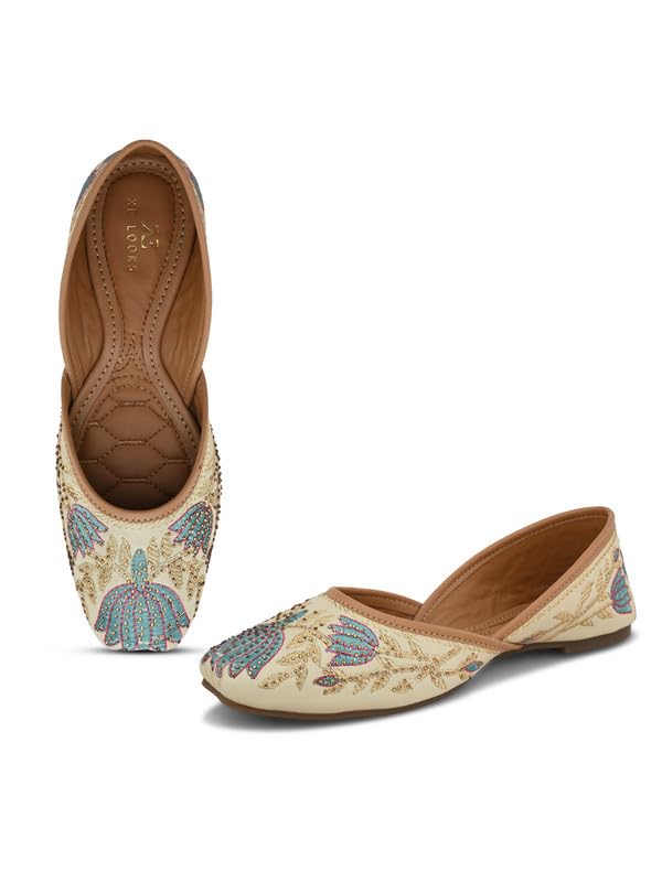 XE Looks Women's Cream Women’s Punjabi Jutti | Handcrafted Lotus Embroidery & Cushioned Sole | Elegant & Cushioned Footbed Punjabi Jutties for Girls & Women - Image 1