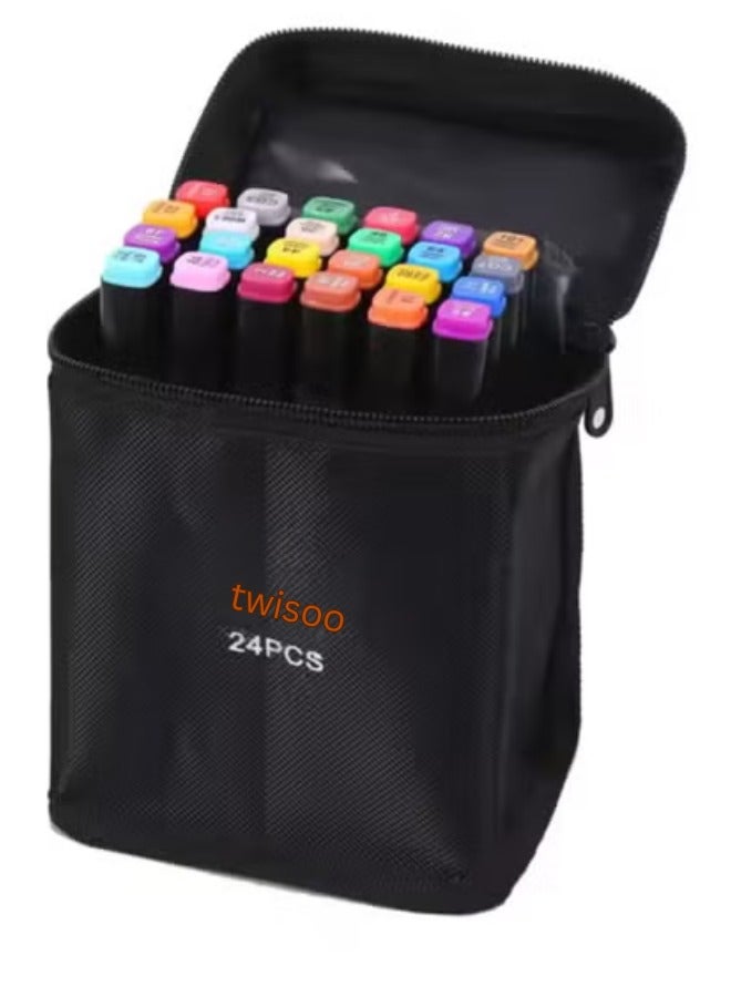 Twisoo Dual Tip Art Markers with Carrying Case – Odorless & Non-Toxic Twin Head Permanent Colouring Marker Pens for Kids, Adults & Beginners for Painting, Sketching, Drawing, Calligraphy (24 Pcs) - Image 1