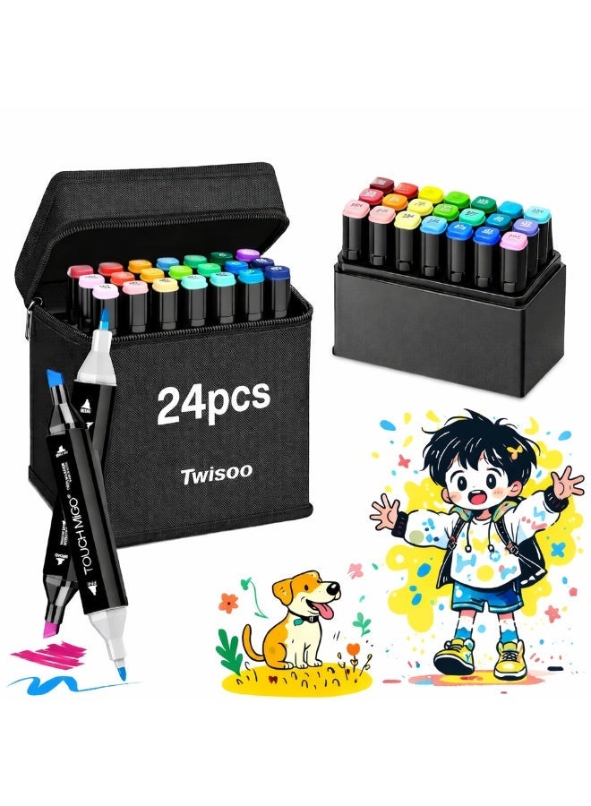 Twisoo Dual Tip Art Markers with Carrying Case – Odorless & Non-Toxic Twin Head Permanent Colouring Marker Pens for Kids, Adults & Beginners for Painting, Sketching, Drawing, Calligraphy (24 Pcs) - Image 1