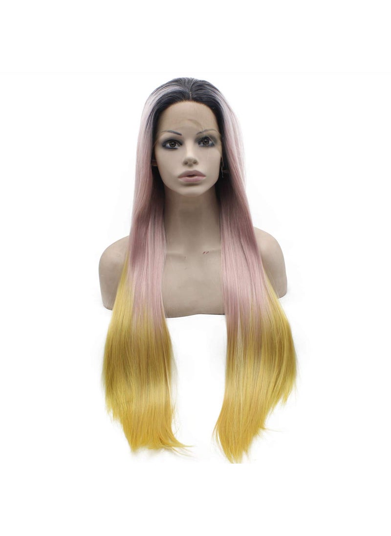 MX angel - Mxangel Long Straight Ombre Pink Yellow Half Hand Tied Glueless Synthetic Lace front Wig Heat Friendly Fiber - Image 1