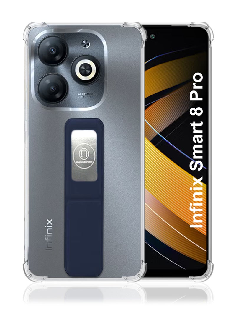 Generic - For Infinix Smart 8 Pro Shock Proof Silicone protection Clear Case Cover With Magnetic Hand Grip-Clear/Navy Blue - Image 1