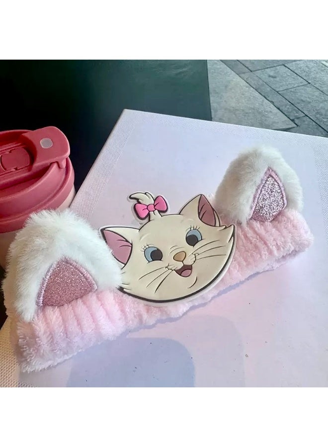 Pink Three-Dimensional Cartoon Cat Face-Shaped Hairband, A Cute Plush Head Accessory That Can Prevent Hair From Getting Wet