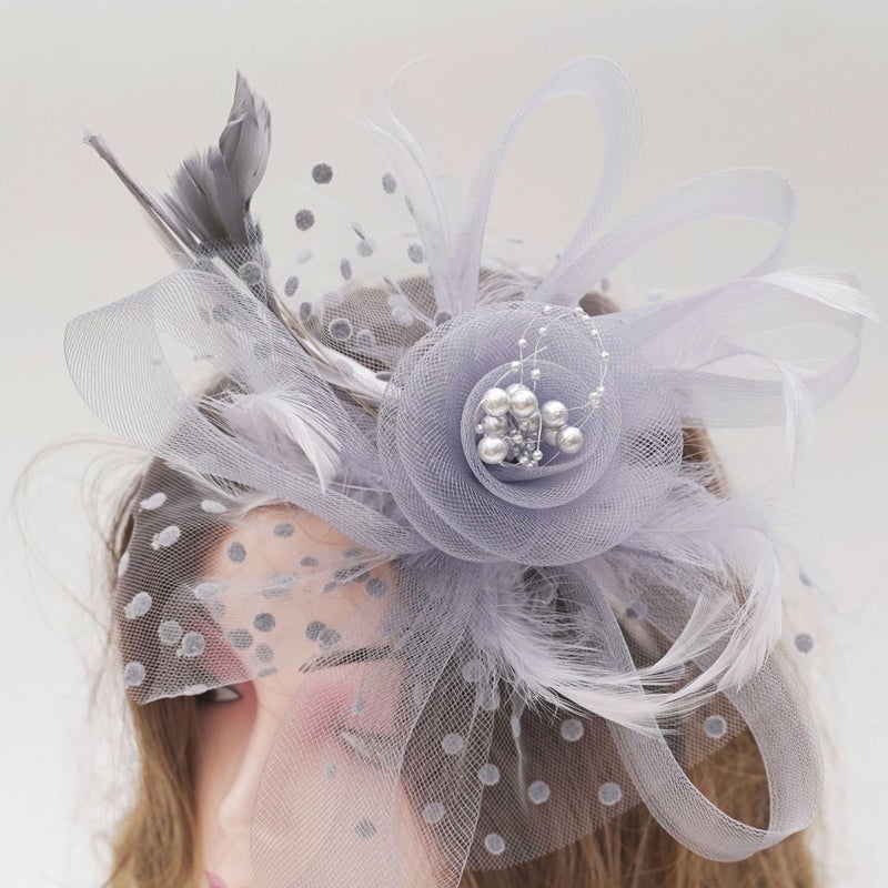 KICOFIT Fascinators Hats 20s 50s Hat Pillbox Hat Cocktail Tea Party Headwear with Veil for Girls and Women (US, Alpha, One Size, A-Grey) - Image 3