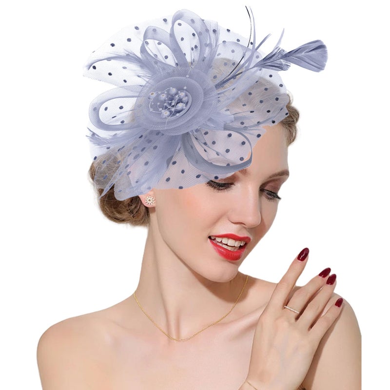 KICOFIT Fascinators Hats 20s 50s Hat Pillbox Hat Cocktail Tea Party Headwear with Veil for Girls and Women (US, Alpha, One Size, A-Grey) - Image 1