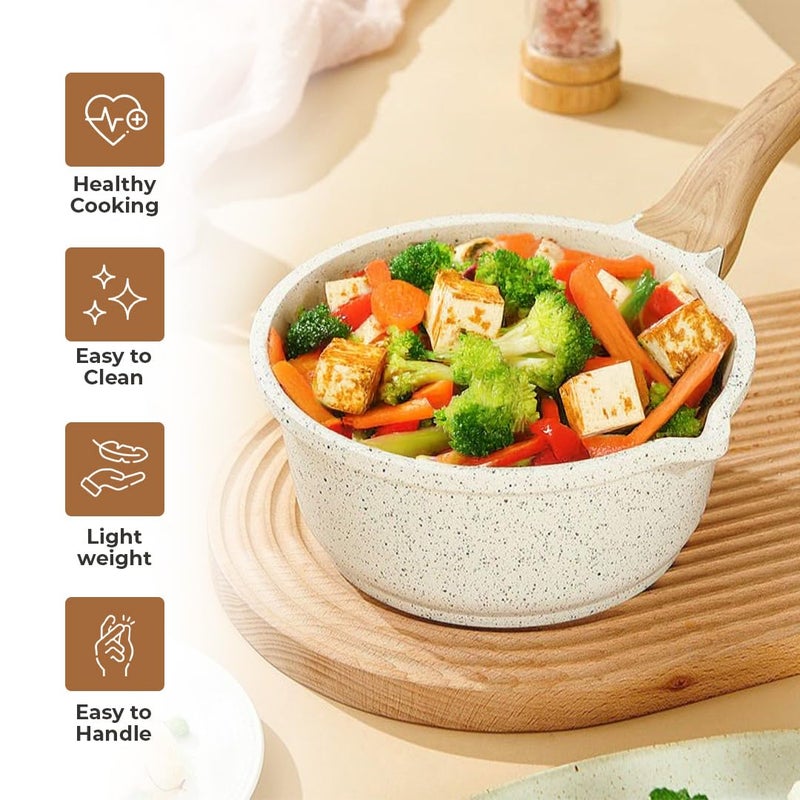 Home Essentials Maifan Stone Sauce Pan | Nonstick Pan with Glass Lid & Wooden Handle | Small Saucepan | Cooking Pan for Soup, Noodles, Tea, Pasta & Steamed Vegetables (White) - Image 3