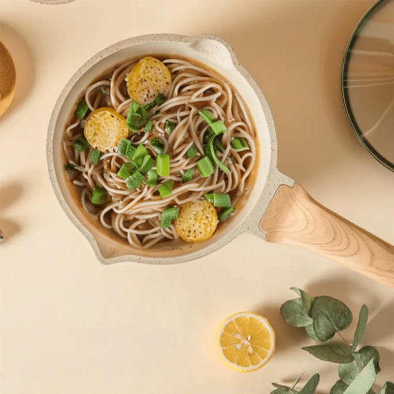 Home Essentials Maifan Stone Sauce Pan | Nonstick Pan with Glass Lid & Wooden Handle | Small Saucepan | Cooking Pan for Soup, Noodles, Tea, Pasta & Steamed Vegetables (White) - Image 5