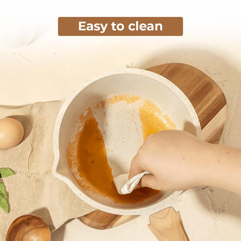 Home Essentials Maifan Stone Sauce Pan | Nonstick Pan with Glass Lid & Wooden Handle | Small Saucepan | Cooking Pan for Soup, Noodles, Tea, Pasta & Steamed Vegetables (White) - Image 4