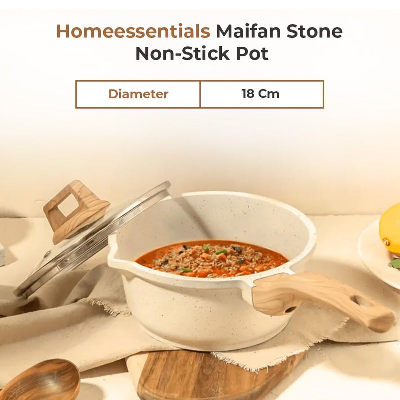 Home Essentials Maifan Stone Sauce Pan | Nonstick Pan with Glass Lid & Wooden Handle | Small Saucepan | Cooking Pan for Soup, Noodles, Tea, Pasta & Steamed Vegetables (White) - Image 2