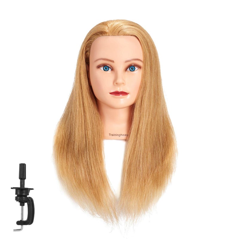 training head 20-22" 100% Human Hair Mannequin Head Training Head Cosmetology Manikin with Free Clamp Stand (Blonde) - Image 1