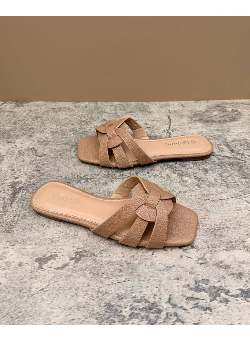 Women Shoes Summer New Cross Strap Square Toe Classic Flat Slippers Casual Beach Wear - Image 3