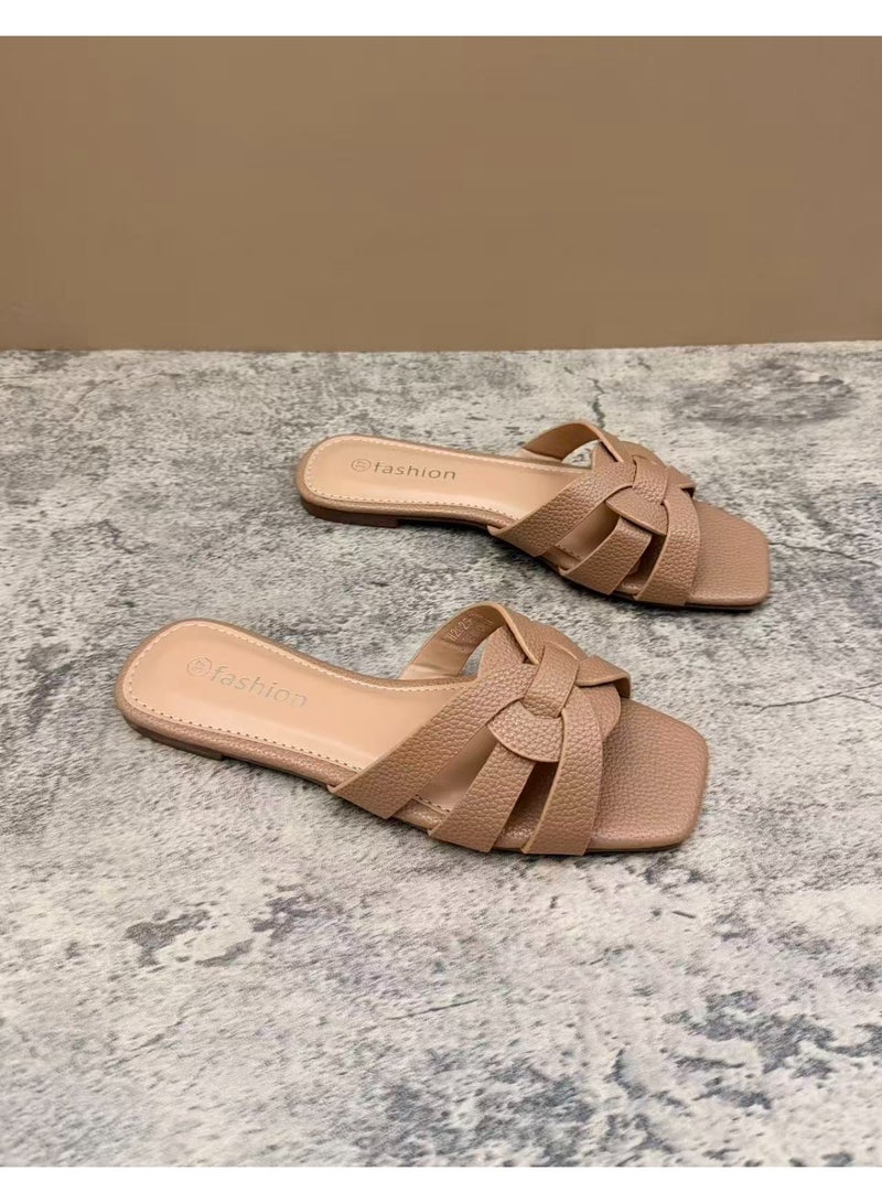 Women Shoes Summer New Cross Strap Square Toe Classic Flat Slippers Casual Beach Wear - Image 2