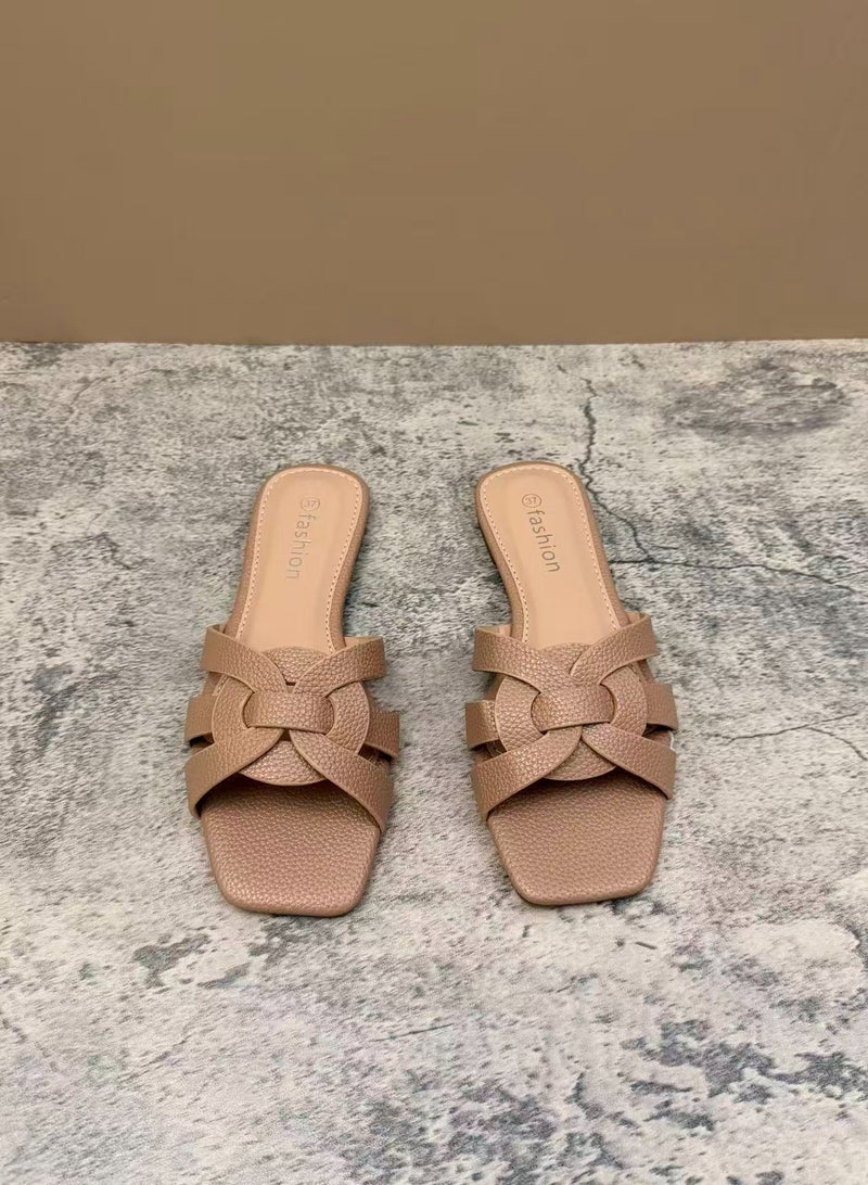 Women Shoes Summer New Cross Strap Square Toe Classic Flat Slippers Casual Beach Wear - Image 1