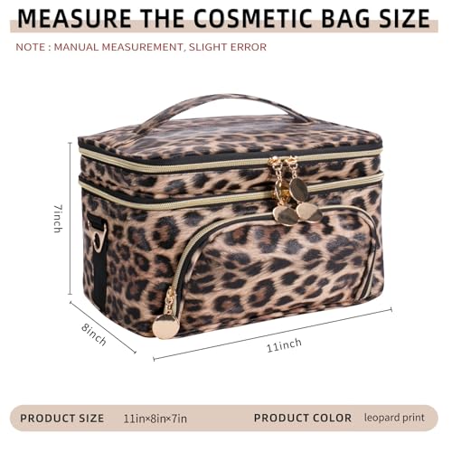 FITINI Double Layer Travel Makeup BagWomen Cosmetic Organizer CaseSkin Care Essentials Toiletries Bags with Shoulder Strap Waterproof Brush Storage with Removable DividersExtra Large Brown Leopard - Image 3