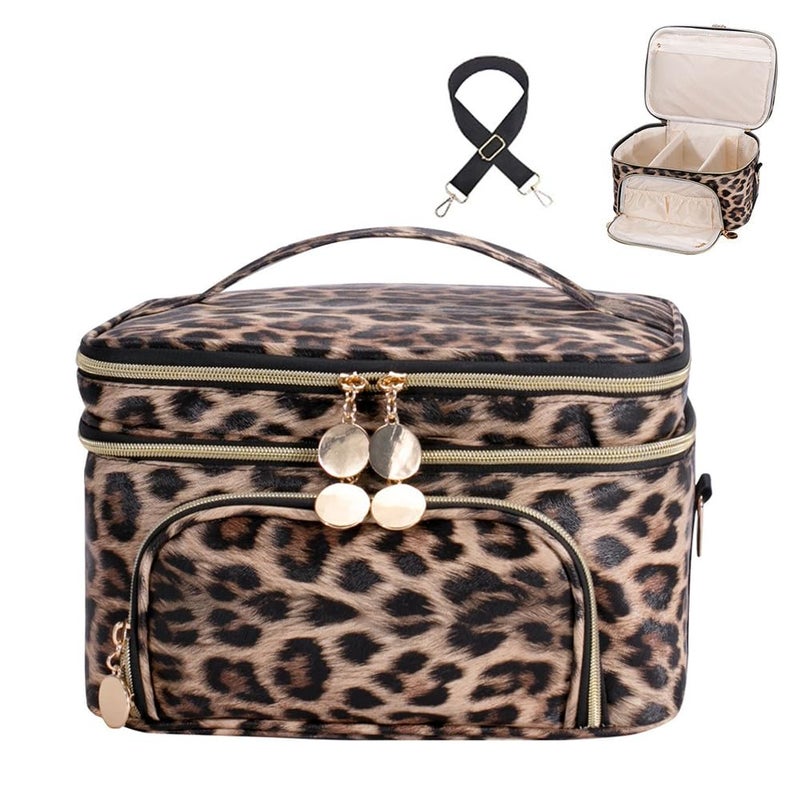 FITINI Double Layer Travel Makeup BagWomen Cosmetic Organizer CaseSkin Care Essentials Toiletries Bags with Shoulder Strap Waterproof Brush Storage with Removable DividersExtra Large Brown Leopard - Image 2