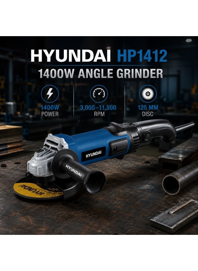 هيونداي صاروخ جلخ كهربائي هيونداي HP-1412 بقوة 1400 واط وقرص 125 مم وسرعة متغيرة 3000–11500 دورة/دقيقة مع محور M14 لجلخ وقطع المعادن والحجر والبلاط - Image 3