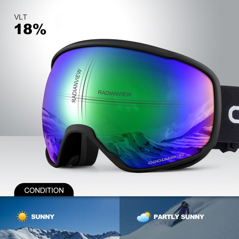 Odoland Snow Ski Goggles S2 Double Lens Anti-Fog OTG Windproof UV400 Eyewear for Men, Women and Youth-Skiing Snowboarding, Black Frame Green Lens vlt 18% - Image 2