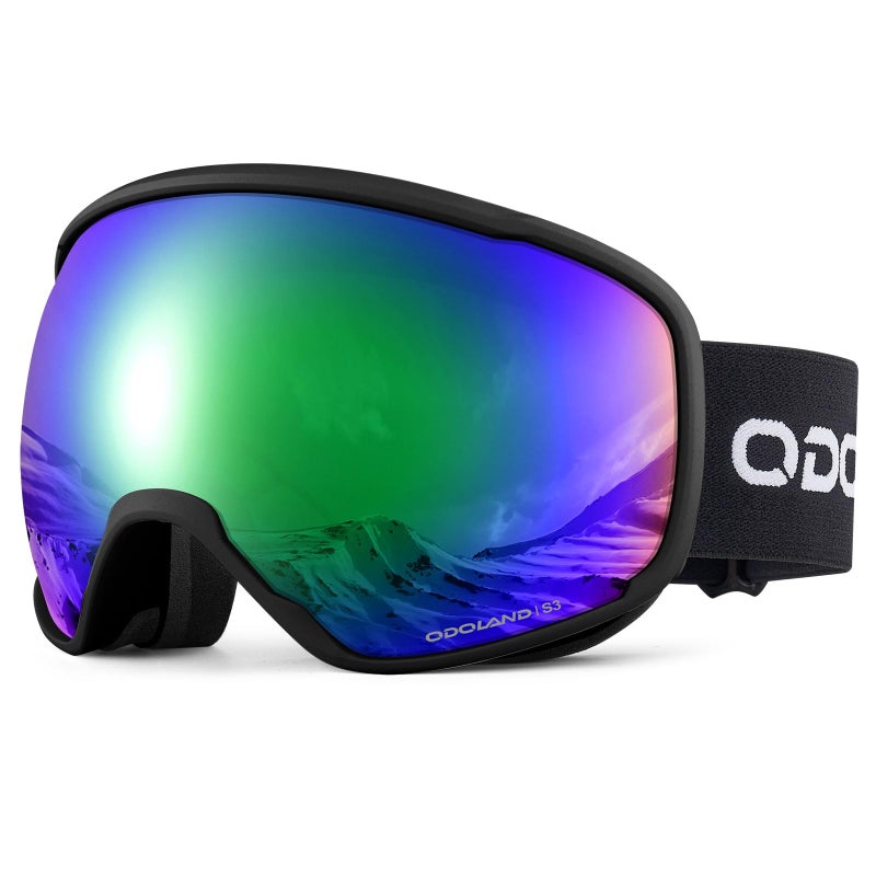 Odoland Snow Ski Goggles S2 Double Lens Anti-Fog OTG Windproof UV400 Eyewear for Men, Women and Youth-Skiing Snowboarding, Black Frame Green Lens vlt 18% - Image 1