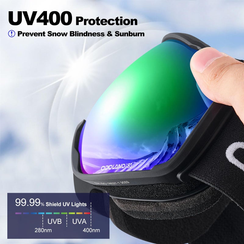 Odoland Snow Ski Goggles S2 Double Lens Anti-Fog OTG Windproof UV400 Eyewear for Men, Women and Youth-Skiing Snowboarding, Black Frame Green Lens vlt 18% - Image 3