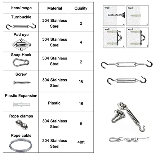 BEAYFILY Sun Shade Hardware Kit for Rectangle and Square Sun Shade Sails Installation,5 inch Heavy Duty Anti-Rust Sail Shade Hardware Kit with 50 ft Cable Wire Ropes - Image 5