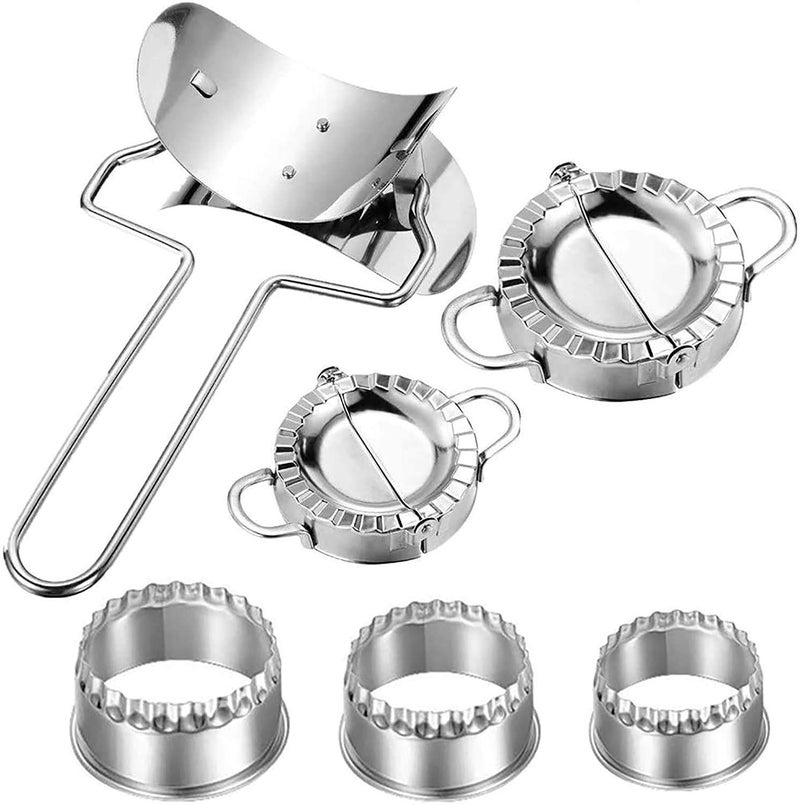 STORE77 6Pcs Stainless Steel Dumplings Maker 2Pieces Dumpling Molds 1Piece Dumpling Skin Roller and 3 Pieces Dumpling Skin CutterFluted Edge Pie Ravioli Empanadas Press Mold Kitchen Accessories - Image 1