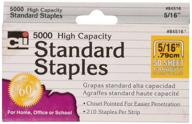 Charles Leonard High Capacity Standard Staples, 5/16 Inch Leg Length, Silver, 5000/Box (84516) - Image 1