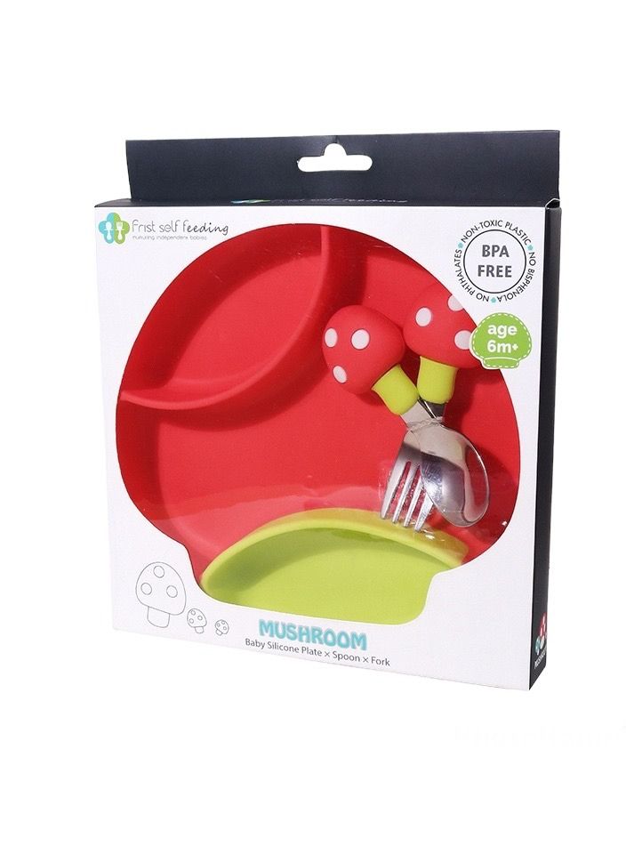هايلاند مجموعة أطباق وأواني الفطر المصنوعة من السيليكون للأطفال باللون الأحمر - Image 3