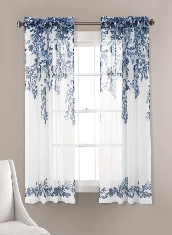Lush Decor Tanisha Curtains - Sheer Window Panel Set - Floral Vine Print, Beautiful, Modern, Elegant Home Decor - 38" W x 63" L, Navy & White - Image 1