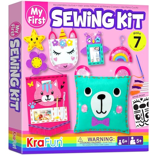 KRAFUN My First Sewing Kit for Beginner Kids Arts Crafts 7 Easy DIY Projects of Stuffed Animal Dolls and Plush Pillow Craft Instructions Felt Gift for Girls Boys Learn to Sew Embroidery - Image 1