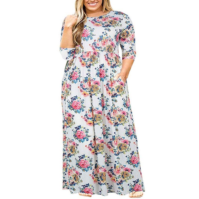 European and American summer large size dress AliExpress Amazon explosion short sleeve solid color round neck printed dress foreign trade White 