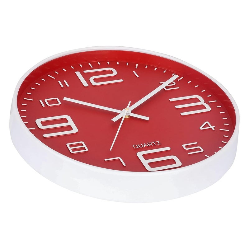 De'rons Derons 12 Inches Non Ticking Silent Quartz Round Designer Plastic Wall Clock for Home Kitchen Bedroom Hall Living Room Office DC101WBFRed - Image 3