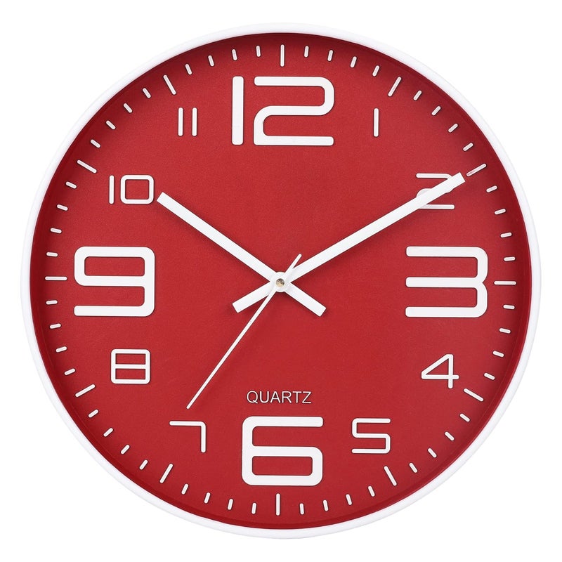 De'rons Derons 12 Inches Non Ticking Silent Quartz Round Designer Plastic Wall Clock for Home Kitchen Bedroom Hall Living Room Office DC101WBFRed - Image 1