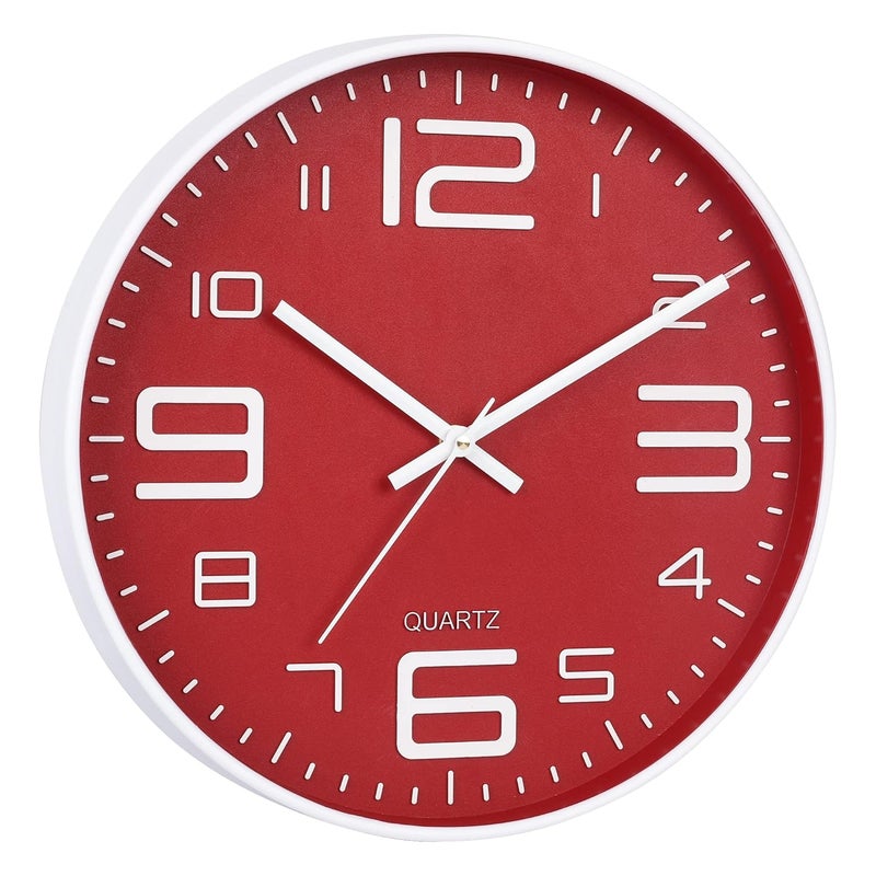 De'rons Derons 12 Inches Non Ticking Silent Quartz Round Designer Plastic Wall Clock for Home Kitchen Bedroom Hall Living Room Office DC101WBFRed - Image 2