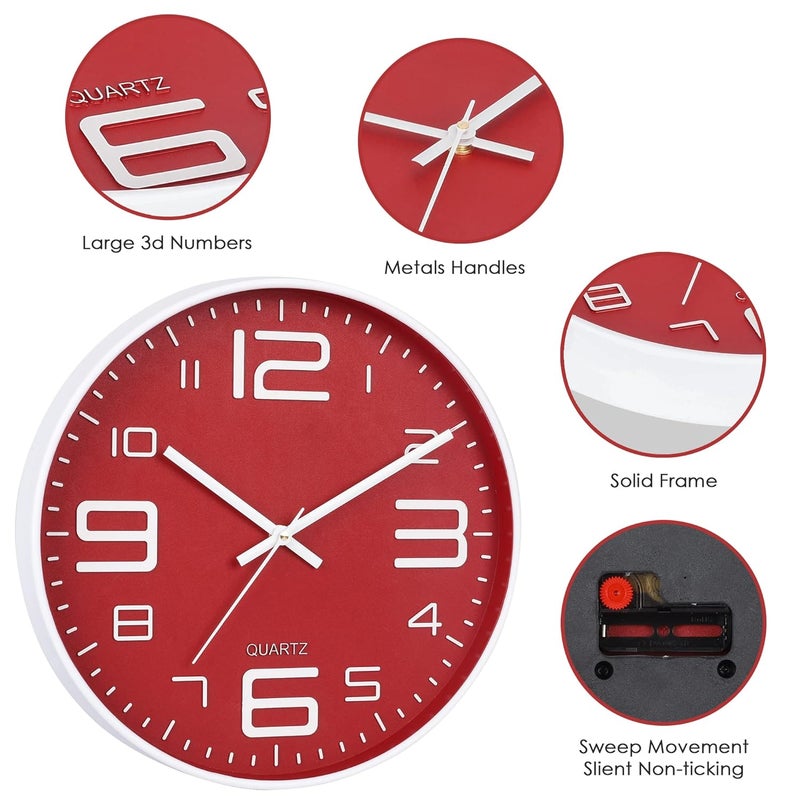 De'rons Derons 12 Inches Non Ticking Silent Quartz Round Designer Plastic Wall Clock for Home Kitchen Bedroom Hall Living Room Office DC101WBFRed - Image 5