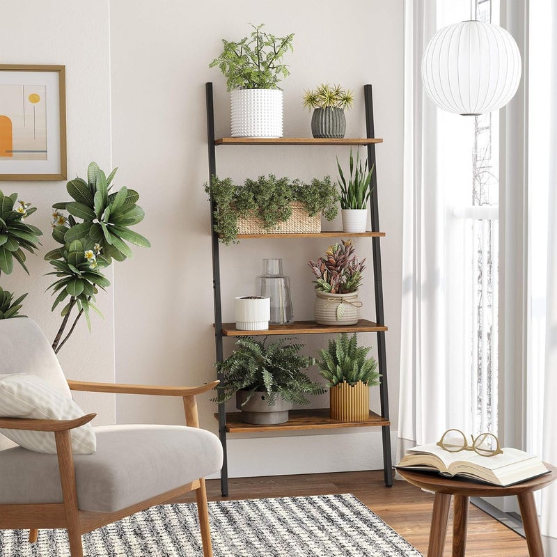 Priti Industrial Ladder 4Tier Bookshelf Shelf for Living Room Kitchen Office Iron Stable Sloping Leaning Against The Wall Rustic Brown ULLS43BX - Image 5