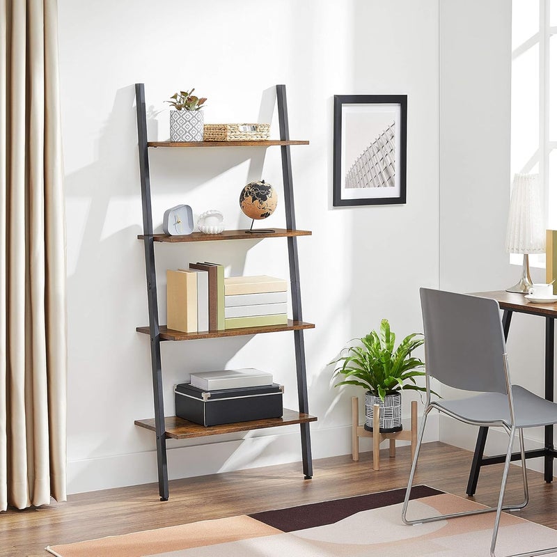 Priti Industrial Ladder 4Tier Bookshelf Shelf for Living Room Kitchen Office Iron Stable Sloping Leaning Against The Wall Rustic Brown ULLS43BX - Image 2