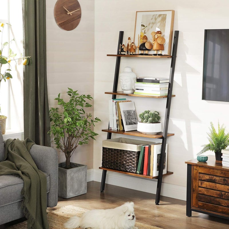 Priti Industrial Ladder 4Tier Bookshelf Shelf for Living Room Kitchen Office Iron Stable Sloping Leaning Against The Wall Rustic Brown ULLS43BX - Image 4