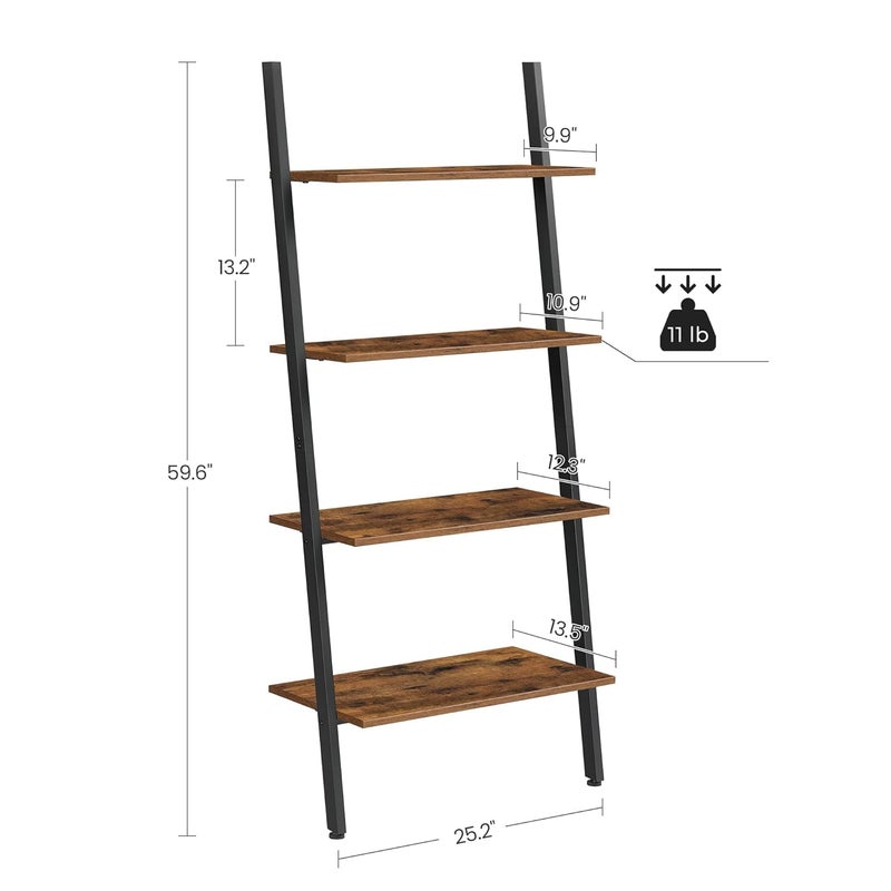 Priti Industrial Ladder 4Tier Bookshelf Shelf for Living Room Kitchen Office Iron Stable Sloping Leaning Against The Wall Rustic Brown ULLS43BX - Image 3