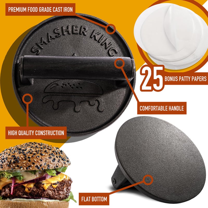 SMASHER KINGâ„¢ - Premium Cast Iron Smash Burger Press incl. 25 pcs of Patty Paper, Burger Smasher for Griddle with Black Wood Handle, Perfect Hamburger Press - Image 2