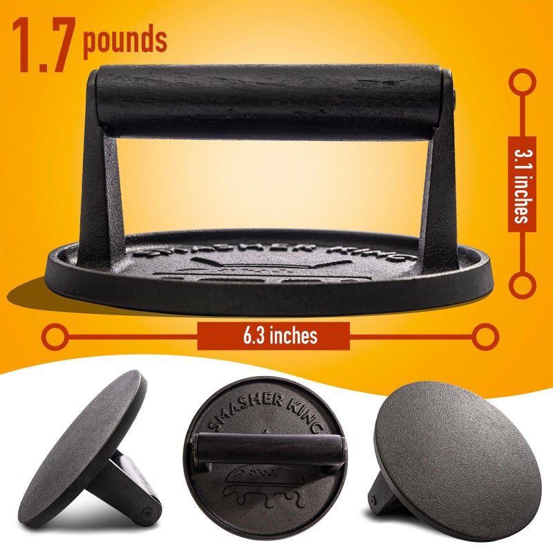 SMASHER KINGâ„¢ - Premium Cast Iron Smash Burger Press incl. 25 pcs of Patty Paper, Burger Smasher for Griddle with Black Wood Handle, Perfect Hamburger Press - Image 4
