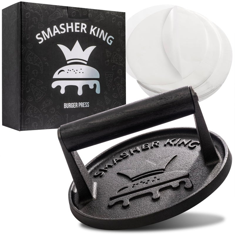SMASHER KINGâ„¢ - Premium Cast Iron Smash Burger Press incl. 25 pcs of Patty Paper, Burger Smasher for Griddle with Black Wood Handle, Perfect Hamburger Press - Image 1