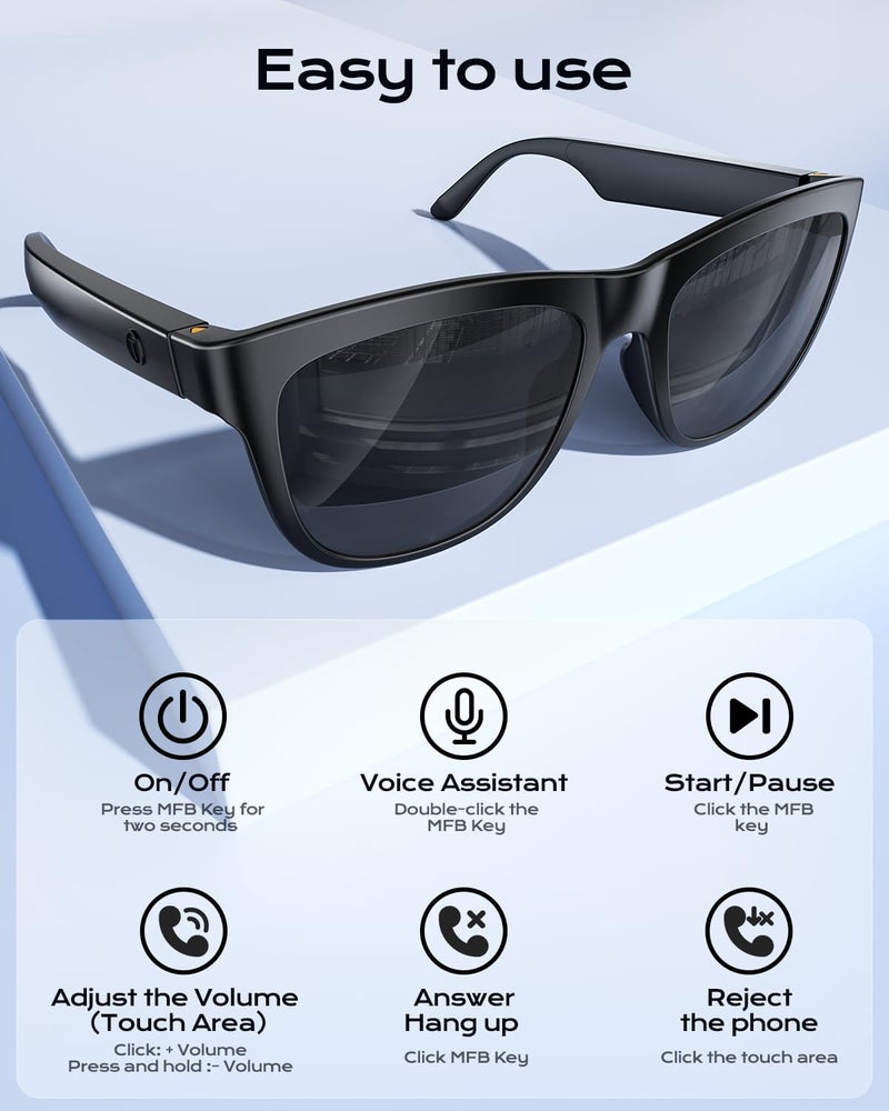 XO Simple is Beauty Smart Bluetooth Glasses,Built-in Mic & Speakers,Smart Wireless Headphone Sunglasses for Men and Women,Athletic/Outdoor UV Protection and Voice Control,Unisex(Black) - Image 2