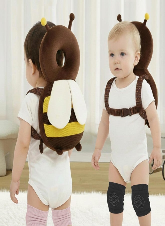 DaKos Baby Head Protector with Horizontal Safety Belt, Infant Head Safety Gear, Headguard for Toddlers for Babies Safety, Plain Brown Bee with 2 Pairs of (Random Color) Knee Pads - Image 1