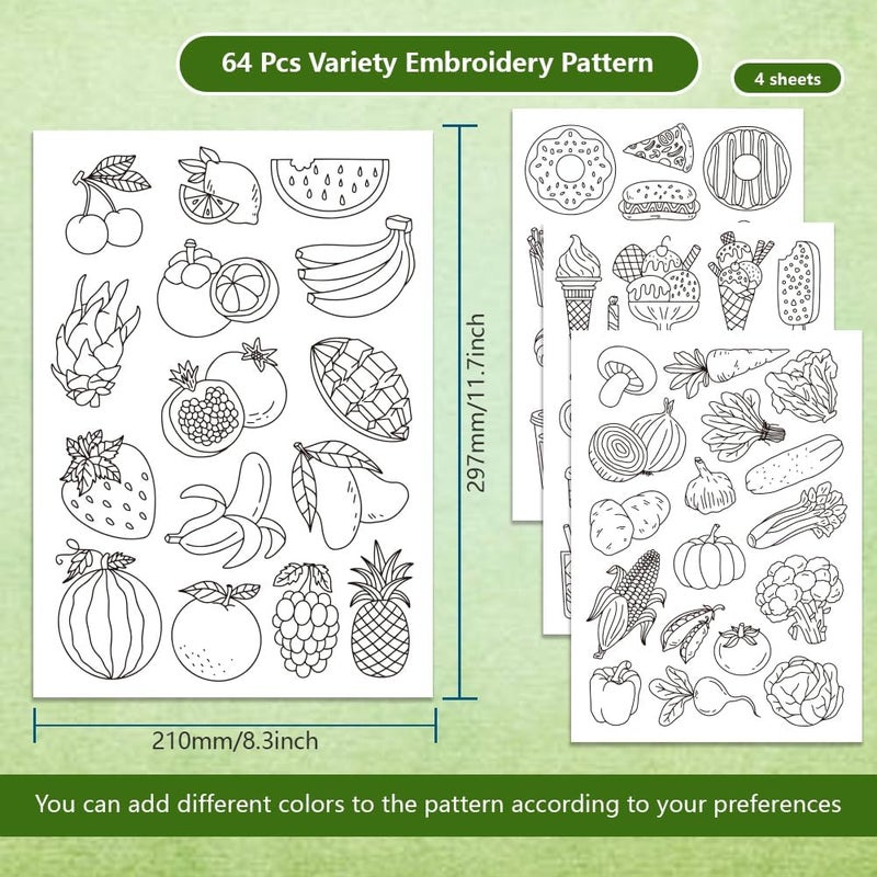 BENECREAT 4Sheets 64Pcs Water Soluble Embroidery, 11.7x8.3inch Food Pattern Transfers Water Soluble Stabilizer for Embroidery Stick and Stitch Embroidery Designs - Image 2