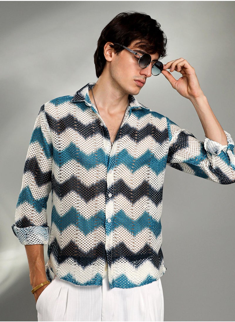 Campus Sutra - Men's Electric Blue & Powder White Chevron-Block Knit Shirt - Image 1