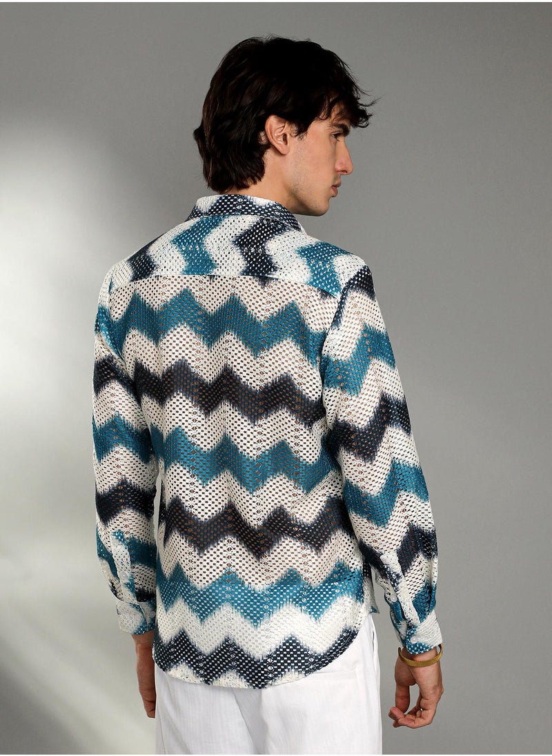 Campus Sutra - Men's Electric Blue & Powder White Chevron-Block Knit Shirt - Image 1