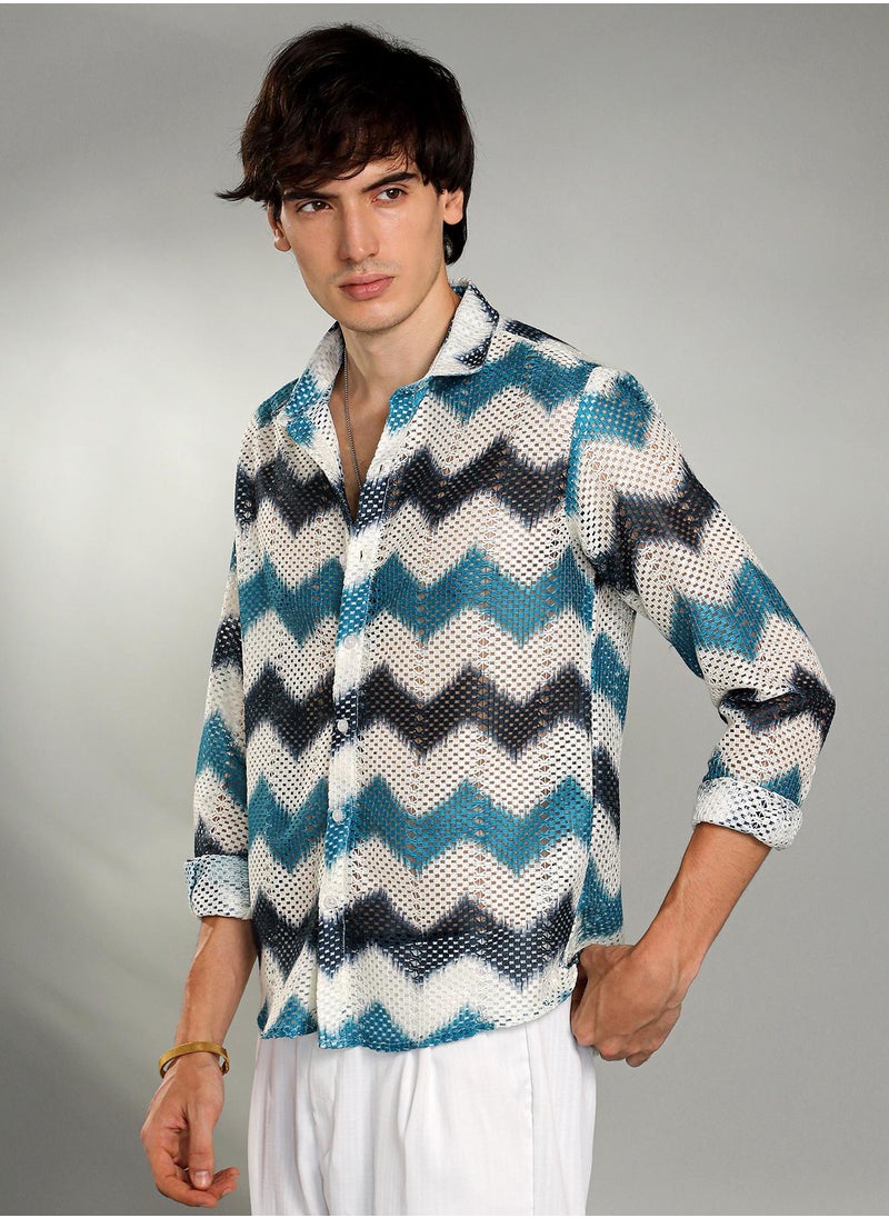 Campus Sutra - Men's Electric Blue & Powder White Chevron-Block Knit Shirt - Image 1