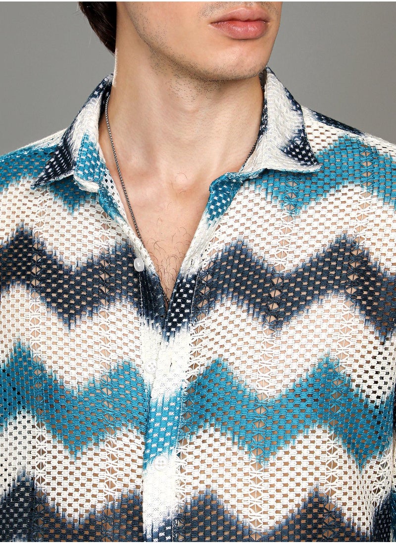 Campus Sutra - Men's Electric Blue & Powder White Chevron-Block Knit Shirt - Image 1