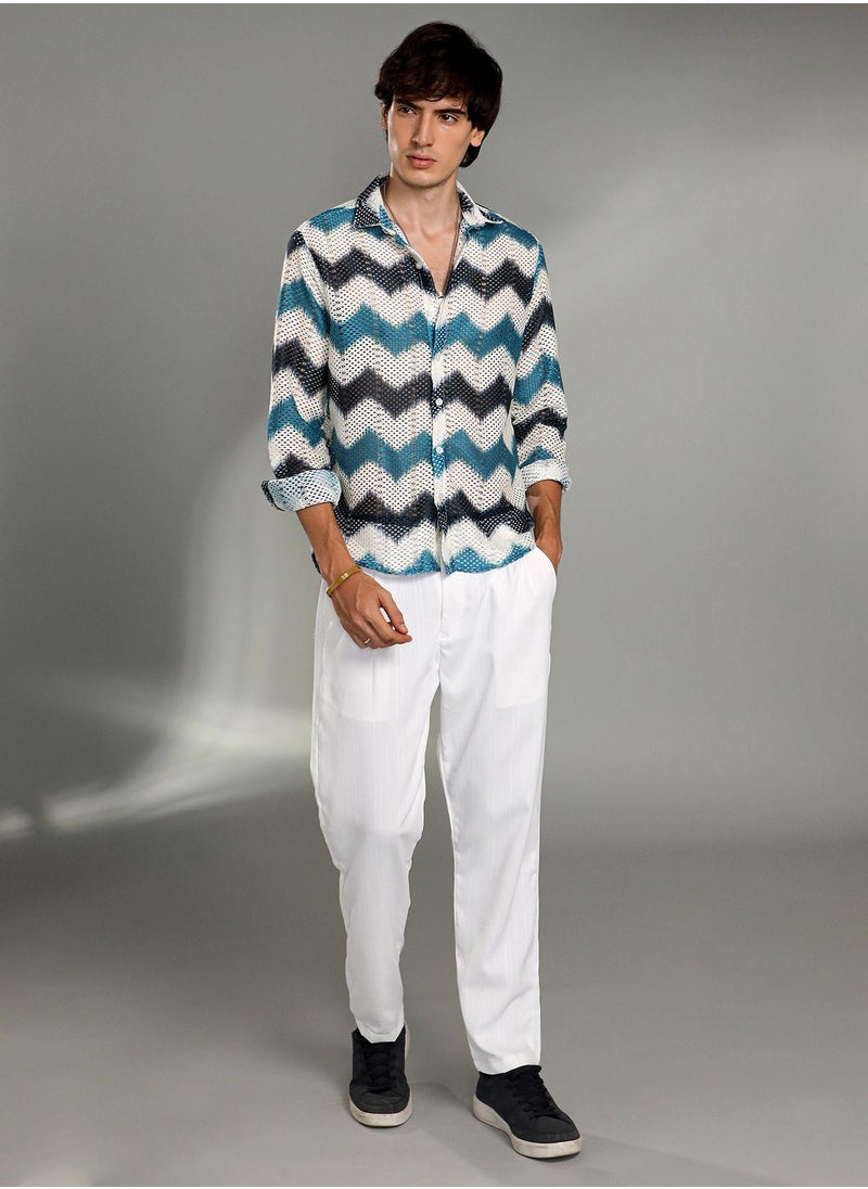 Campus Sutra - Men's Electric Blue & Powder White Chevron-Block Knit Shirt - Image 1